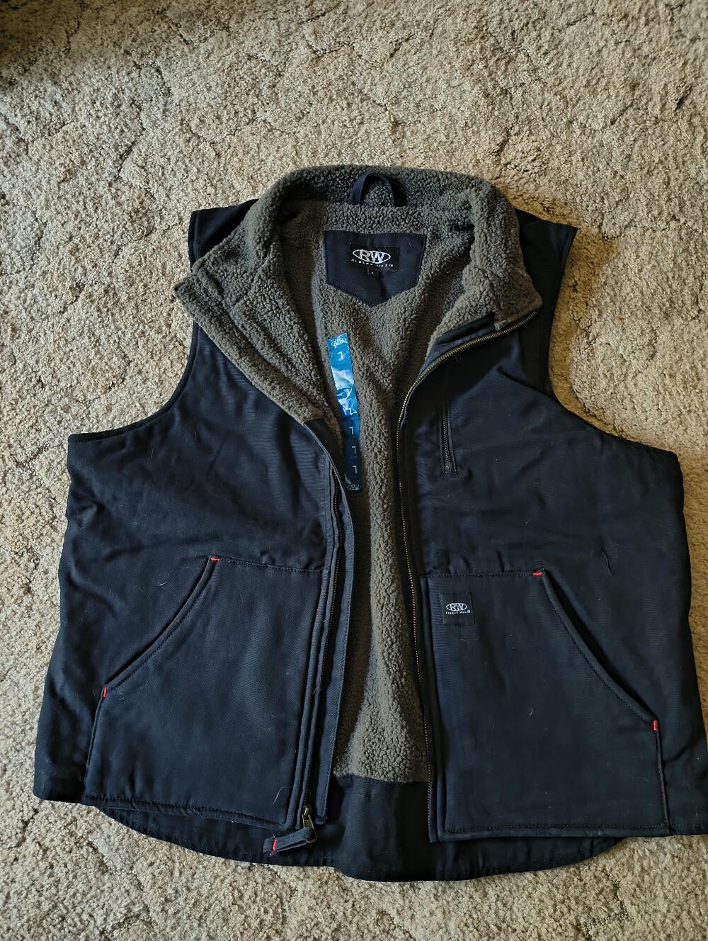 RW Rugged Wear Sherpa Lined Work Vest Men's Large Canvas Full Zip Black